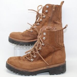Nine West Brown Faux Suede Lace Up Lug Sole Combat Boots Womens 7.5M Zipper